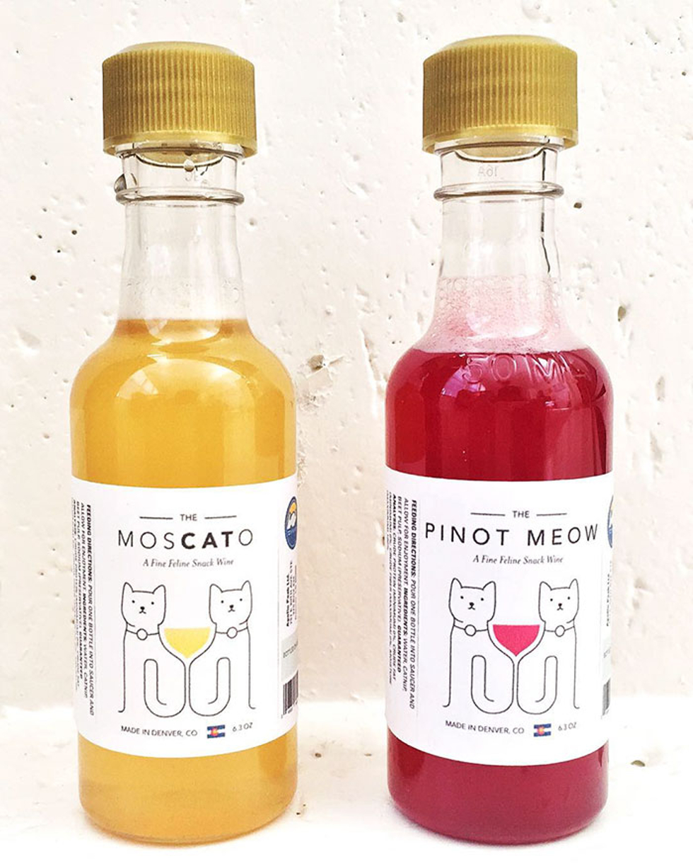 vinho para gatos nos sabores "Pinot Meow" e "Moscato" (Foto: Divulgação)